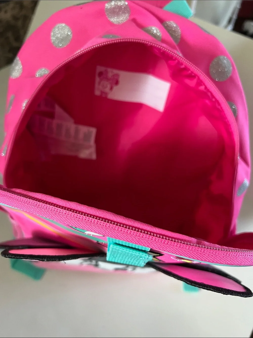 Disney Minnie Mouse Pink and Teal Kids Backpack with Silver Dots
